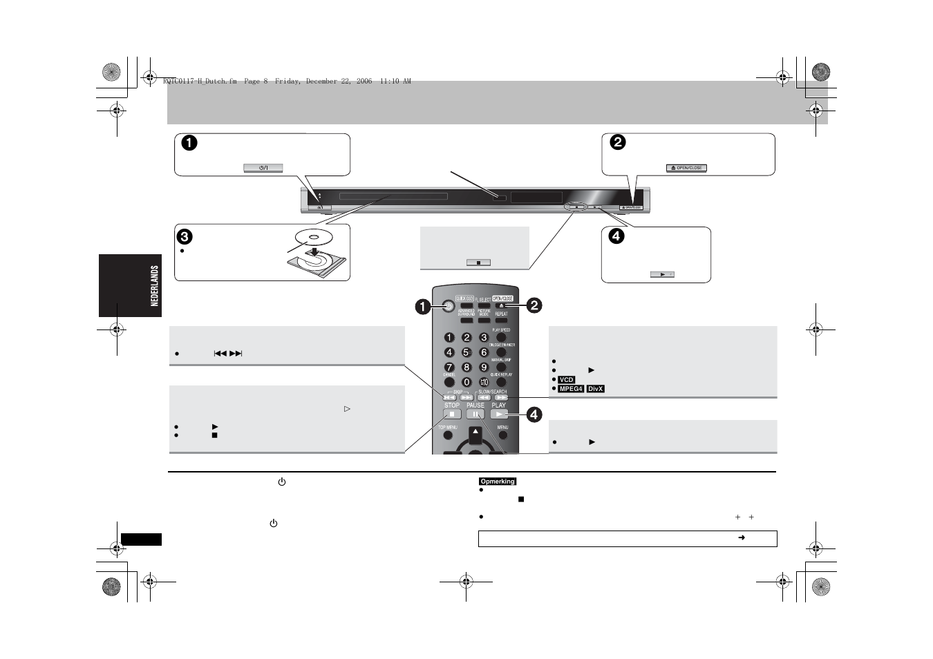 Normaal afspelen, Zet aan, Open de disc-lade | Plaats de disc in de lade, Start afspelen, Overslaan, Stop, Zoeken, Vertraagd afspelen, Pauzeren | Panasonic DVDS33 User Manual | Page 32 / 80