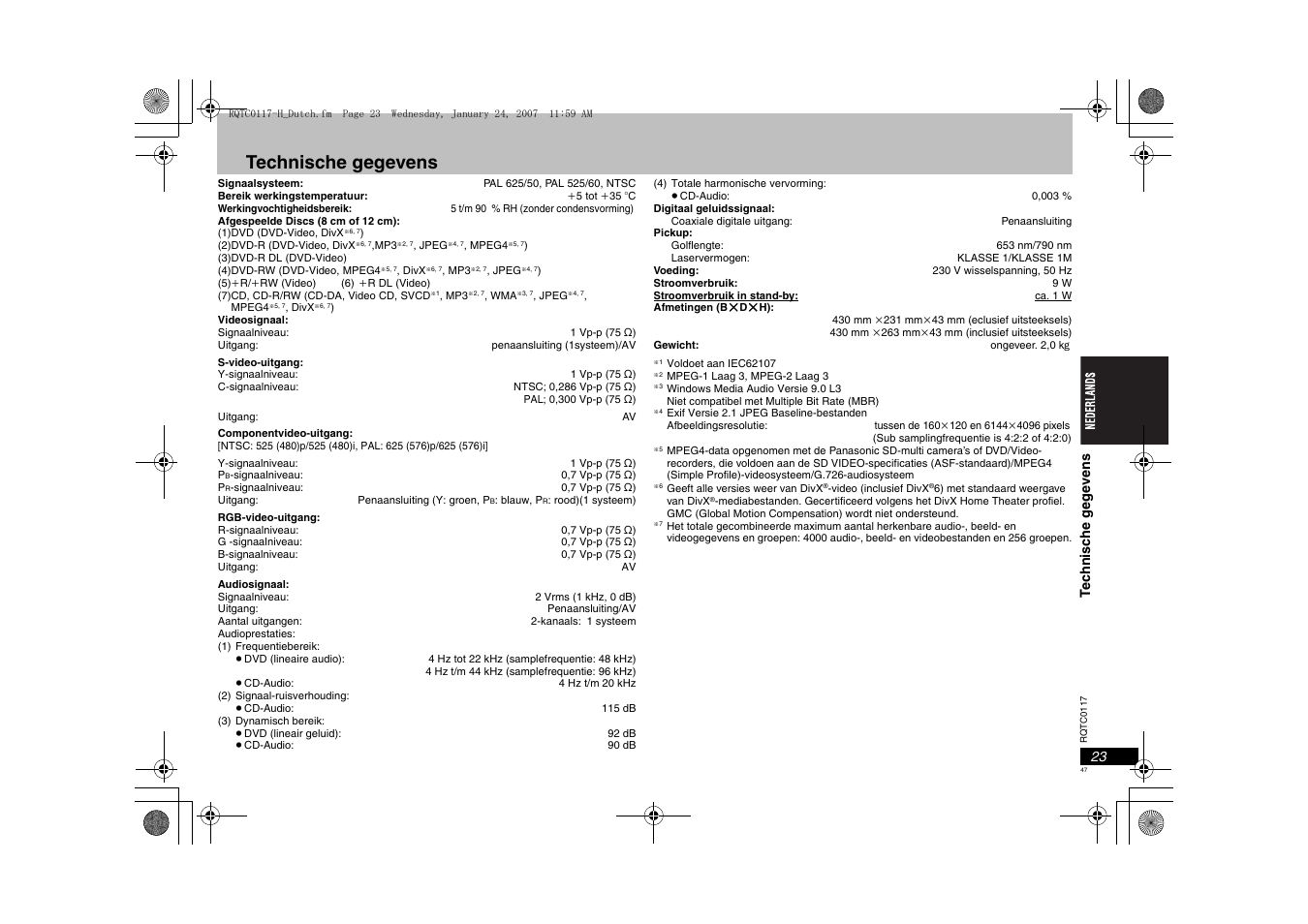 Technische gegevens | Panasonic DVDS33 User Manual | Page 47 / 80