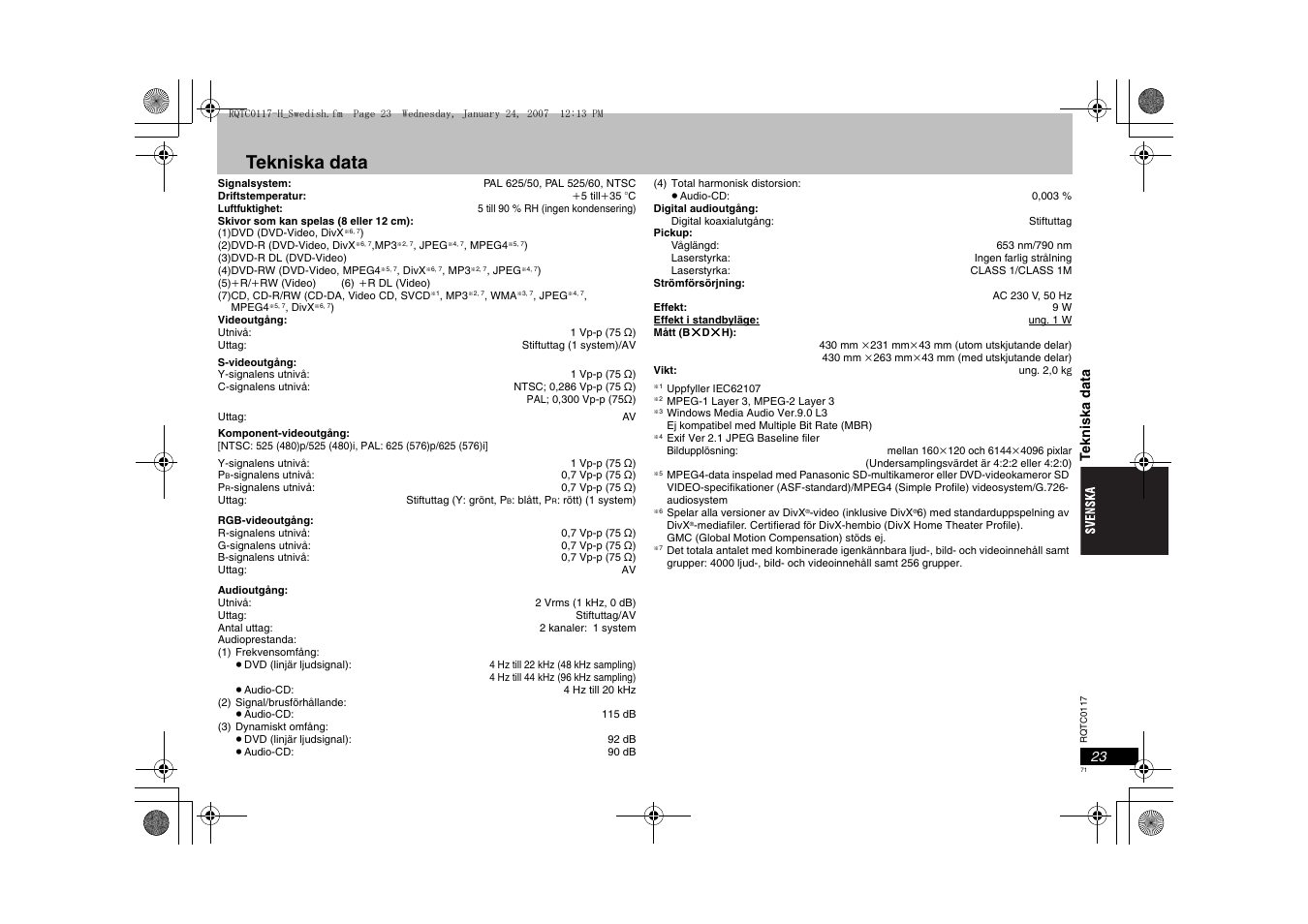 Tekniska data | Panasonic DVDS33 User Manual | Page 71 / 80