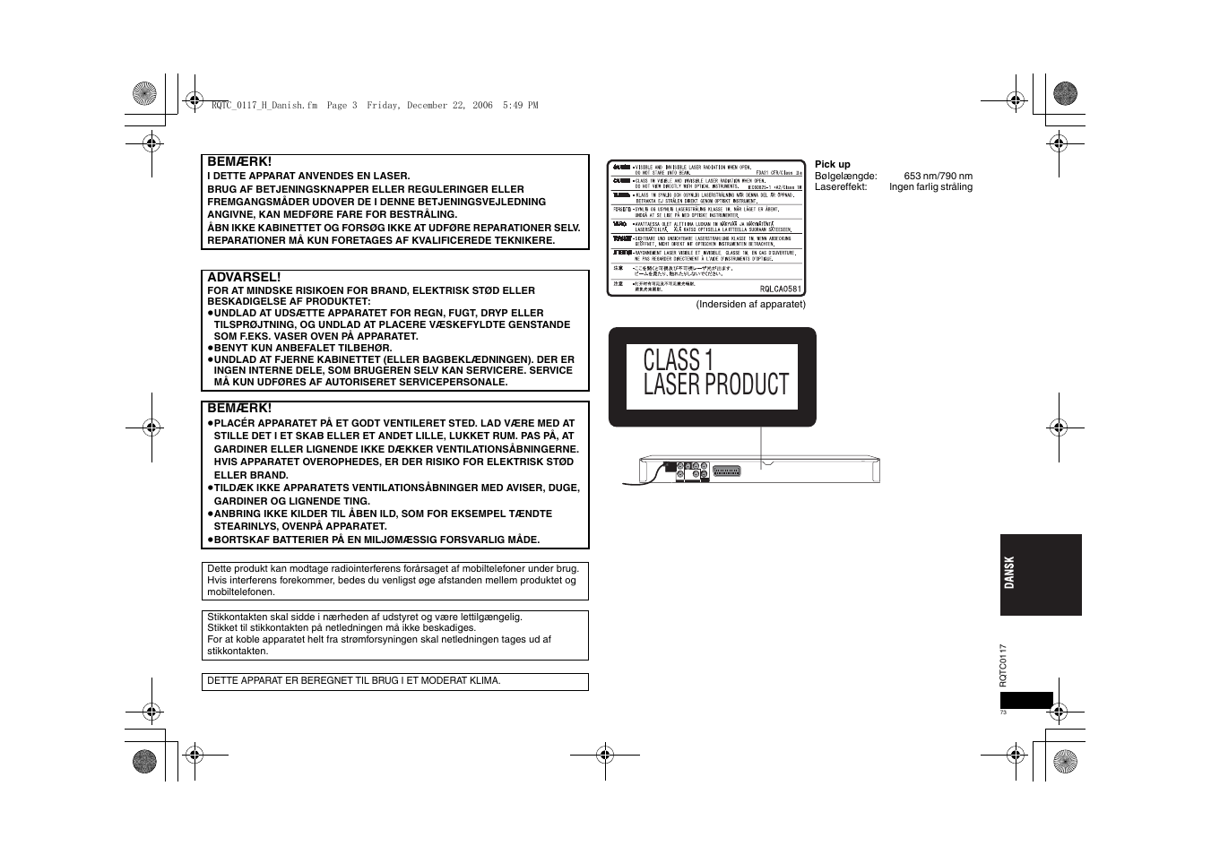 Class 1 laser product | Panasonic DVDS33 User Manual | Page 73 / 80