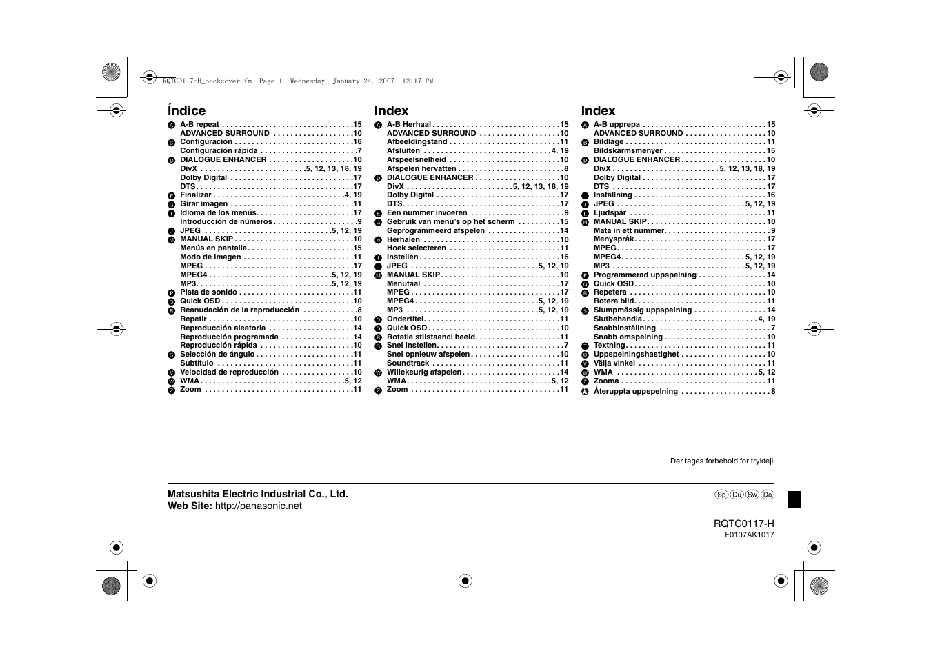 Índice, Index | Panasonic DVDS33 User Manual | Page 80 / 80