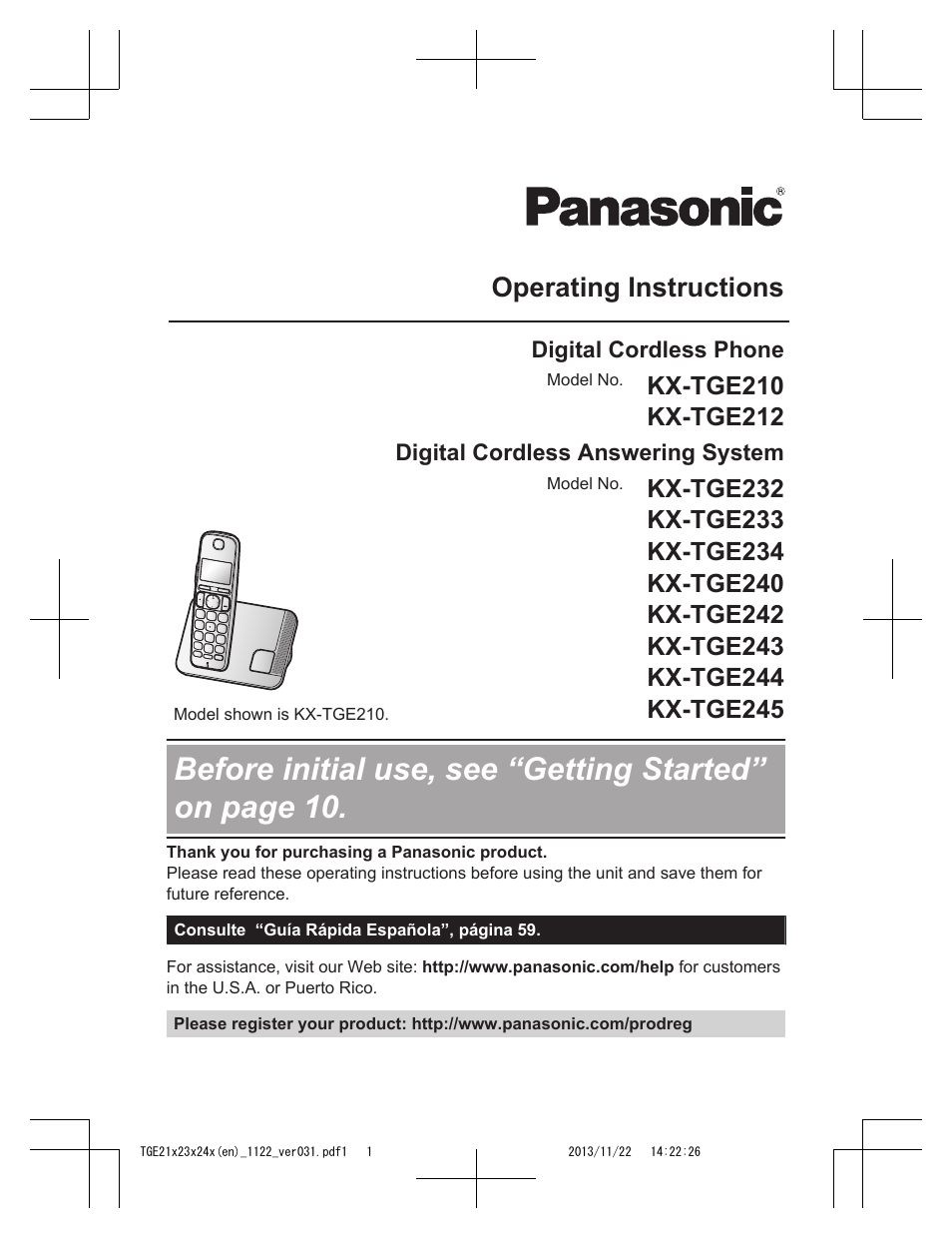 Panasonic KXTGE240 User Manual | 68 pages