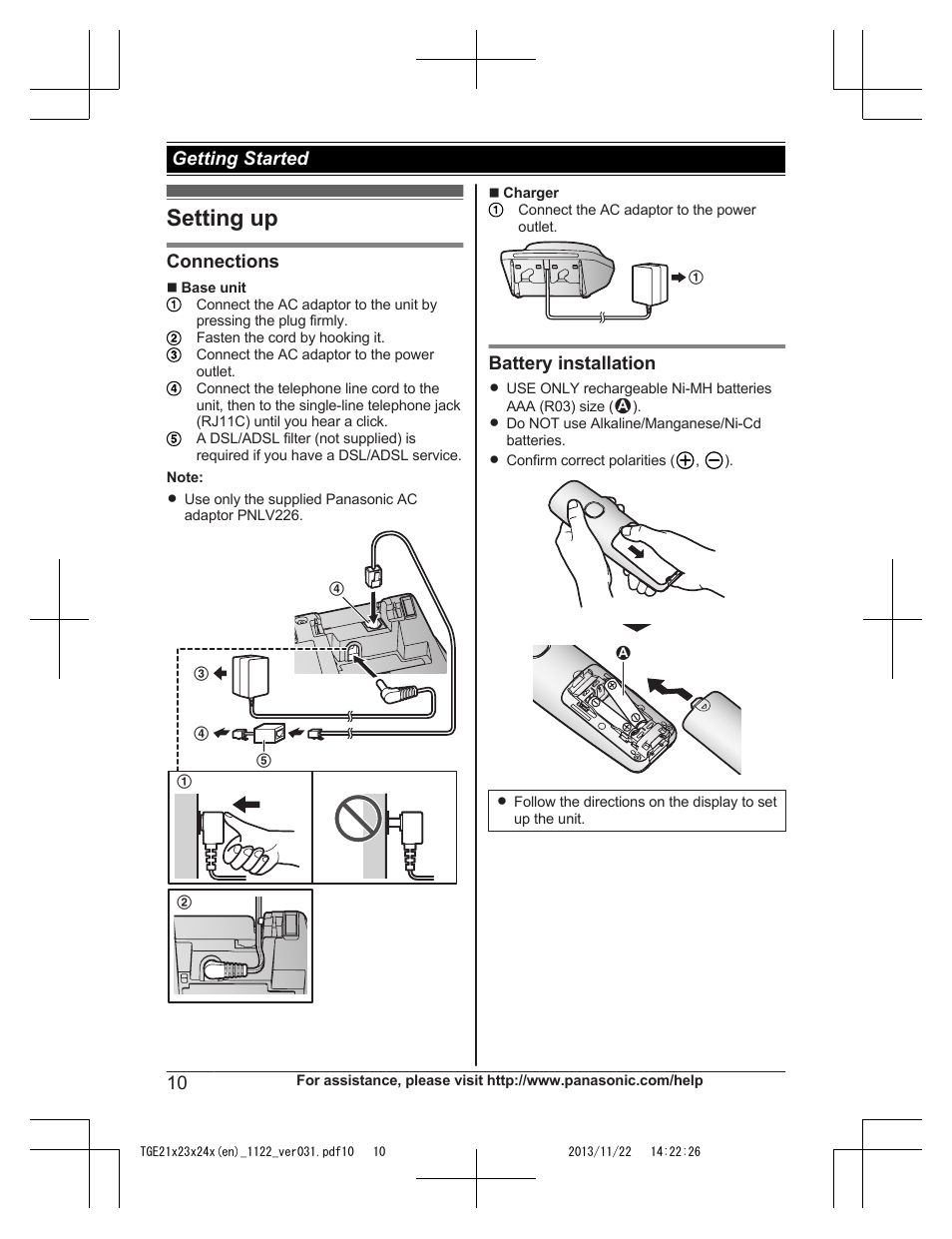 Getting started, Setting up | Panasonic KXTGE240 User Manual | Page 10 / 68
