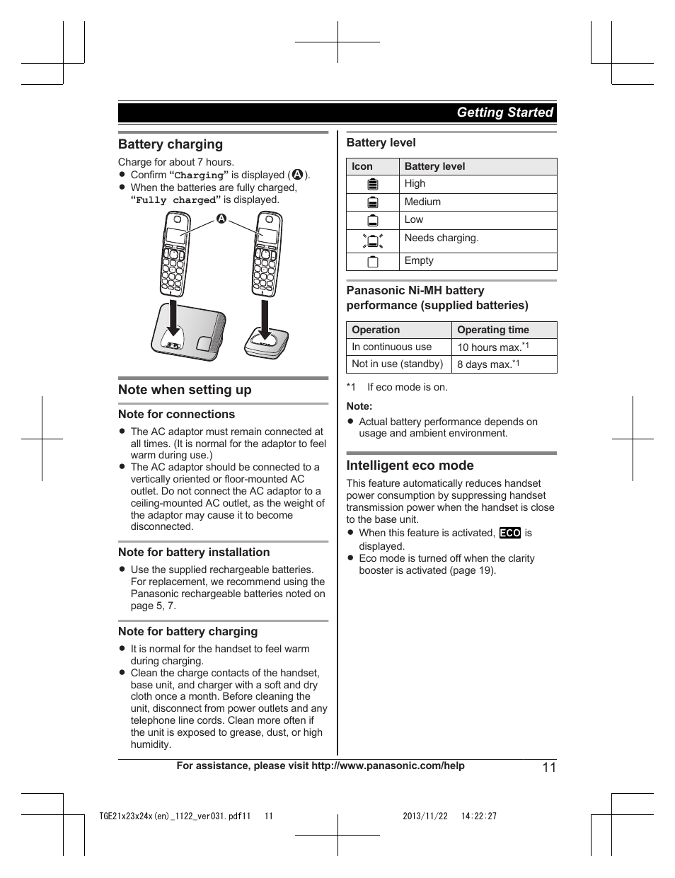 Battery charging, Intelligent eco mode, 11 getting started | Panasonic KXTGE240 User Manual | Page 11 / 68