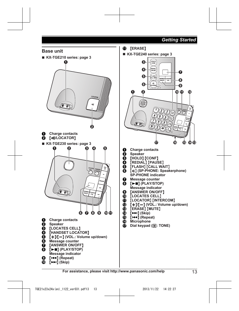 Base unit, 13 getting started | Panasonic KXTGE240 User Manual | Page 13 / 68