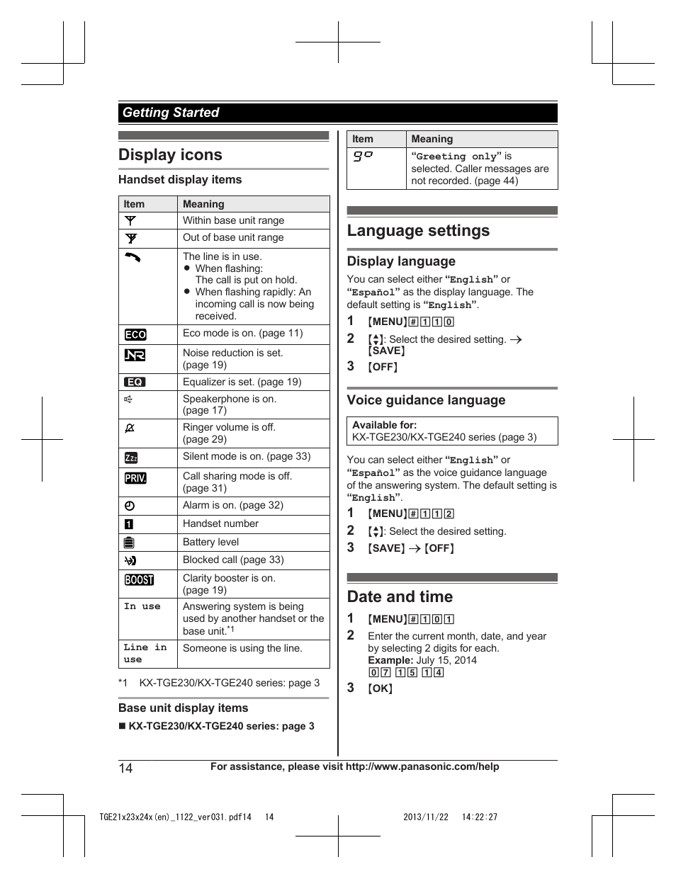 Display icons, Language settings, Date and time | Display icons language settings date and time | Panasonic KXTGE240 User Manual | Page 14 / 68