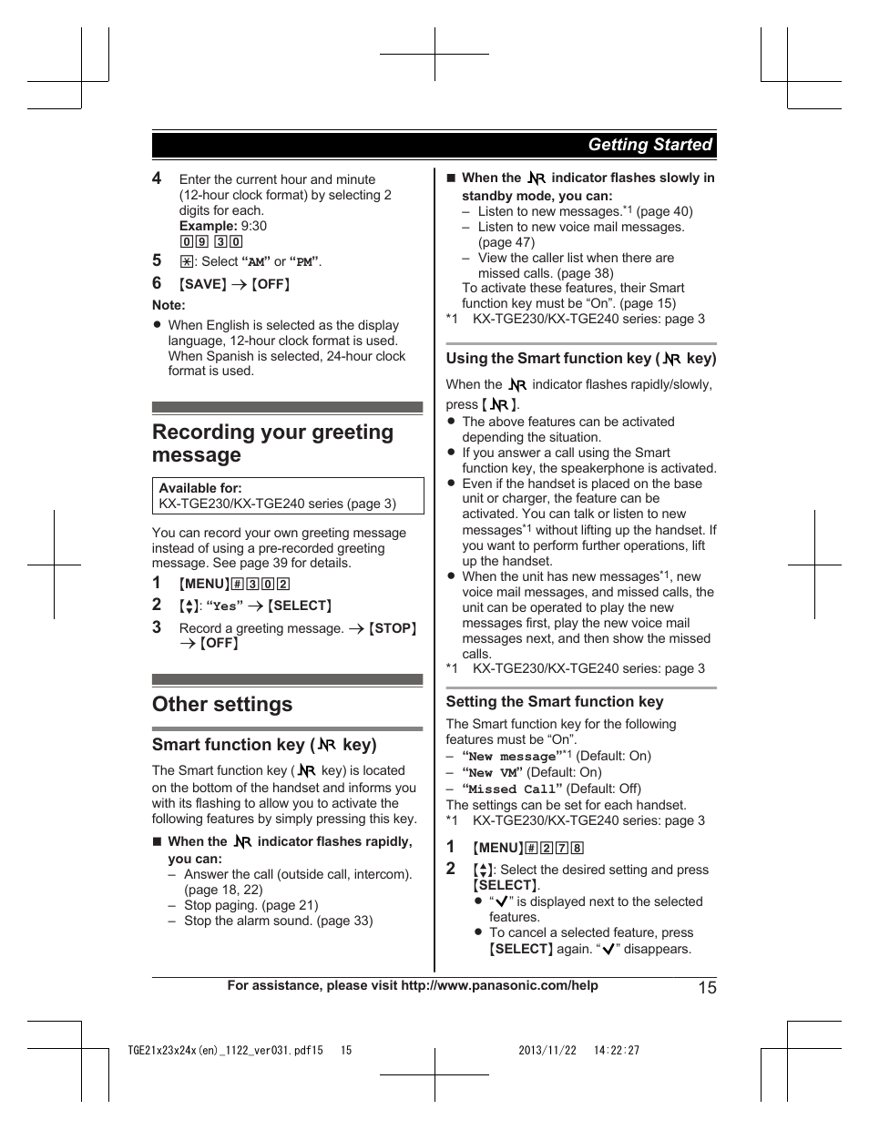 Recording your greeting message, Other settings, Recording your greeting message other settings | Panasonic KXTGE240 User Manual | Page 15 / 68