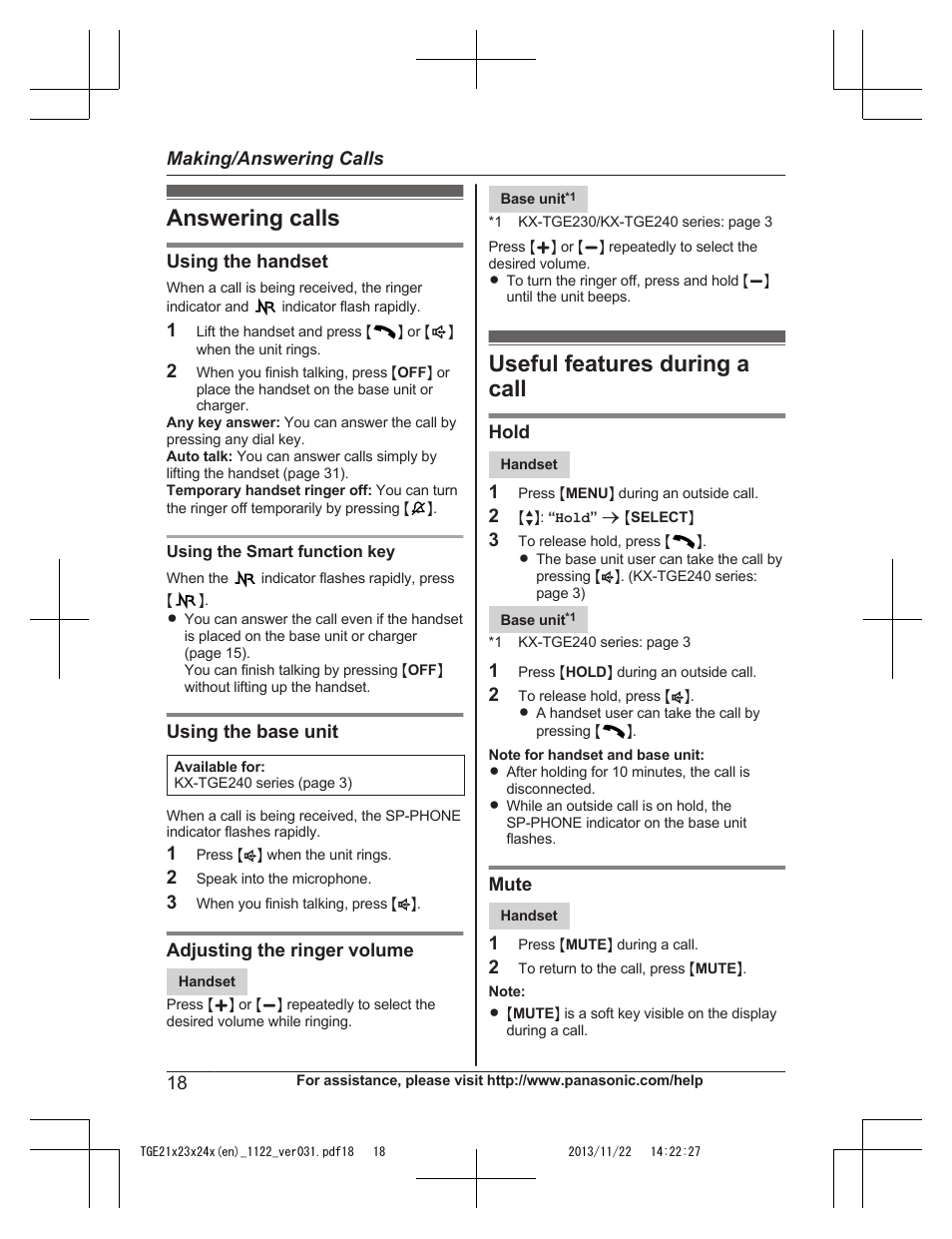 Answering calls, Useful features during a call, Answering calls useful features during a call | Panasonic KXTGE240 User Manual | Page 18 / 68
