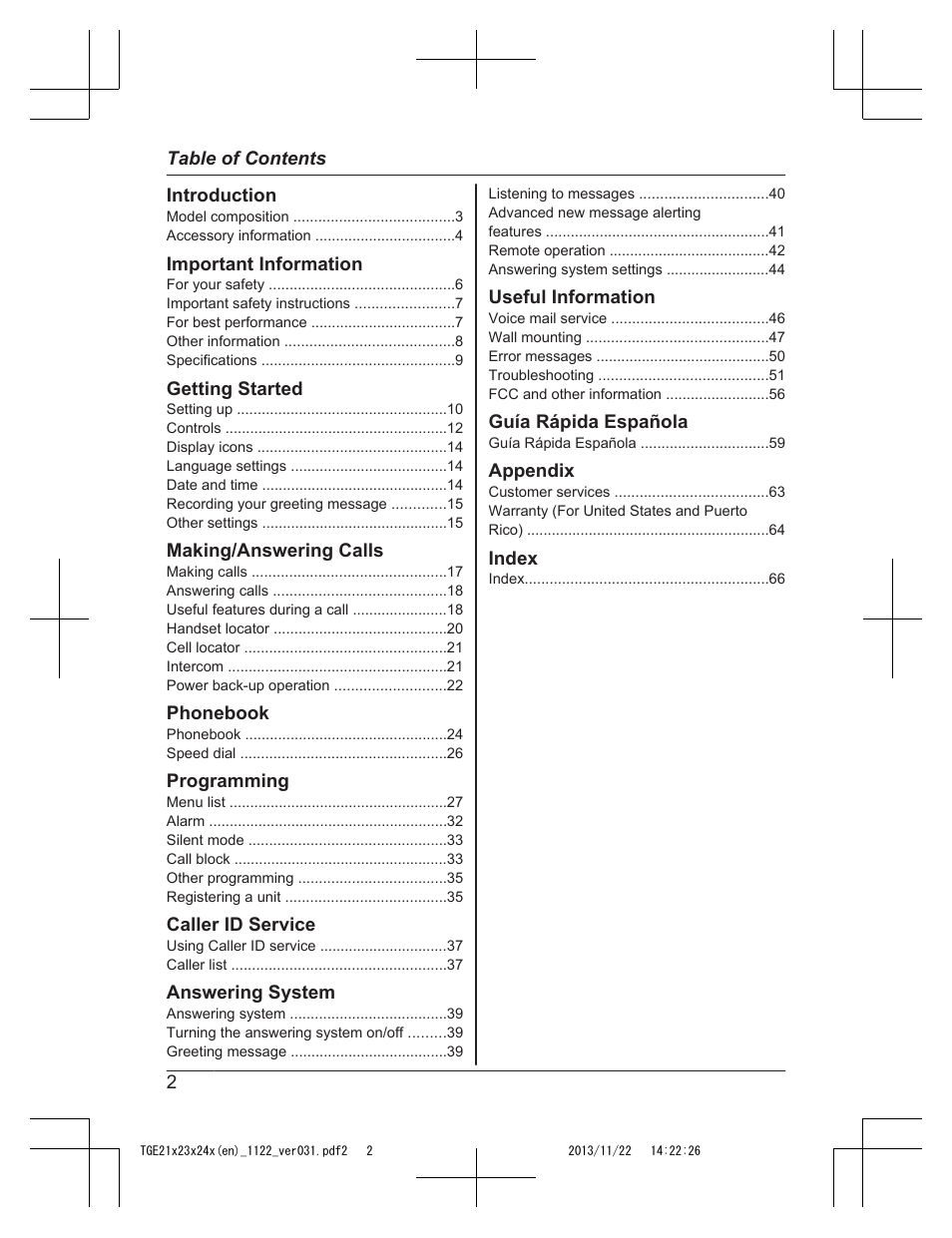 Panasonic KXTGE240 User Manual | Page 2 / 68
