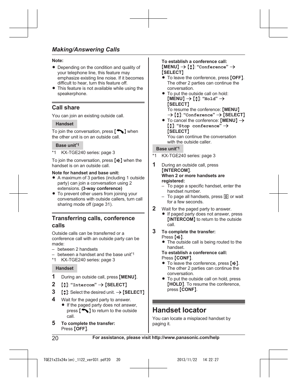 Handset locator | Panasonic KXTGE240 User Manual | Page 20 / 68