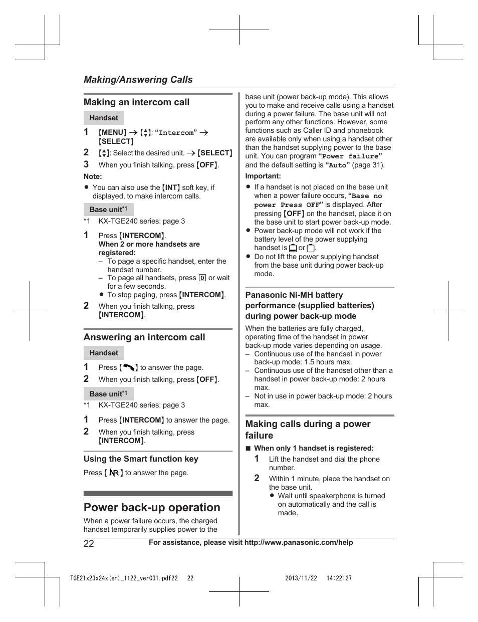 Power back-up operation | Panasonic KXTGE240 User Manual | Page 22 / 68