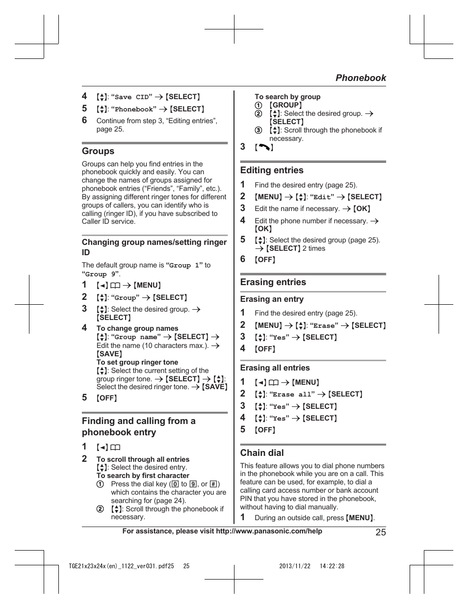Editing entries | Panasonic KXTGE240 User Manual | Page 25 / 68