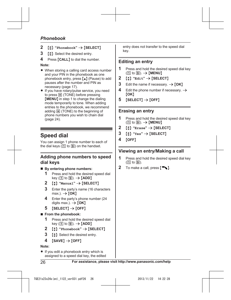 Speed dial | Panasonic KXTGE240 User Manual | Page 26 / 68