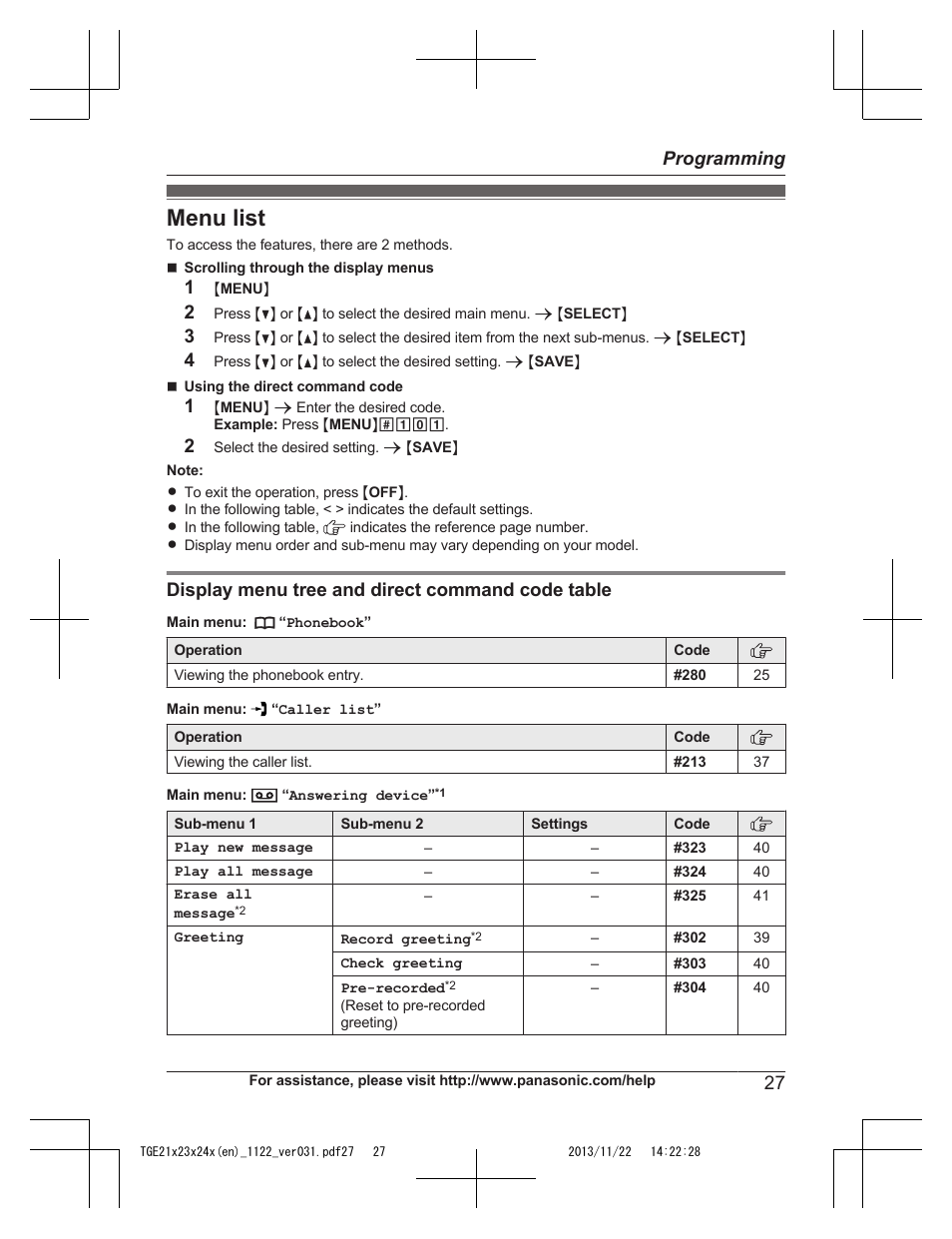 Programming, Menu list, Display menu tree and direct command code table | 27 programming | Panasonic KXTGE240 User Manual | Page 27 / 68