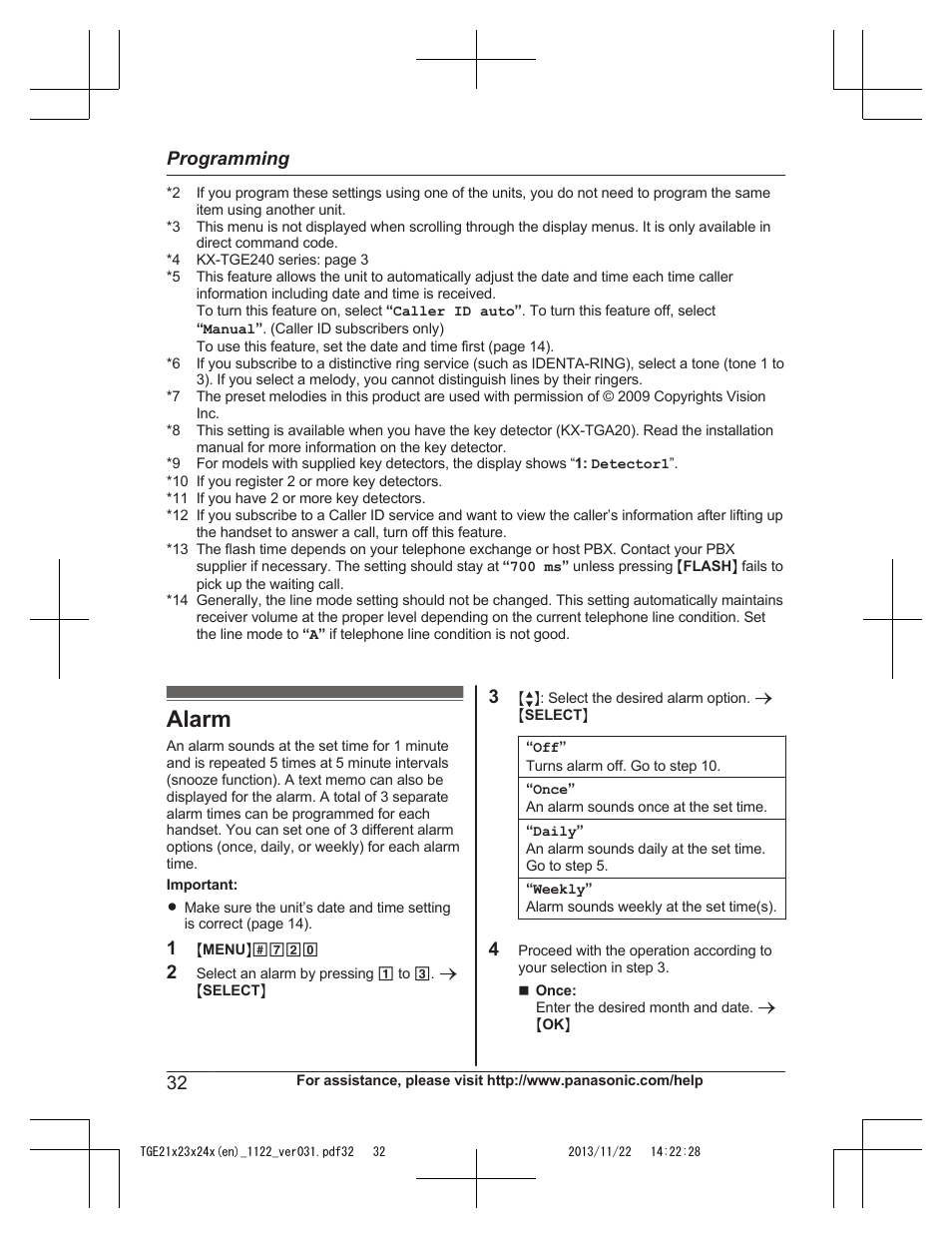 Alarm | Panasonic KXTGE240 User Manual | Page 32 / 68