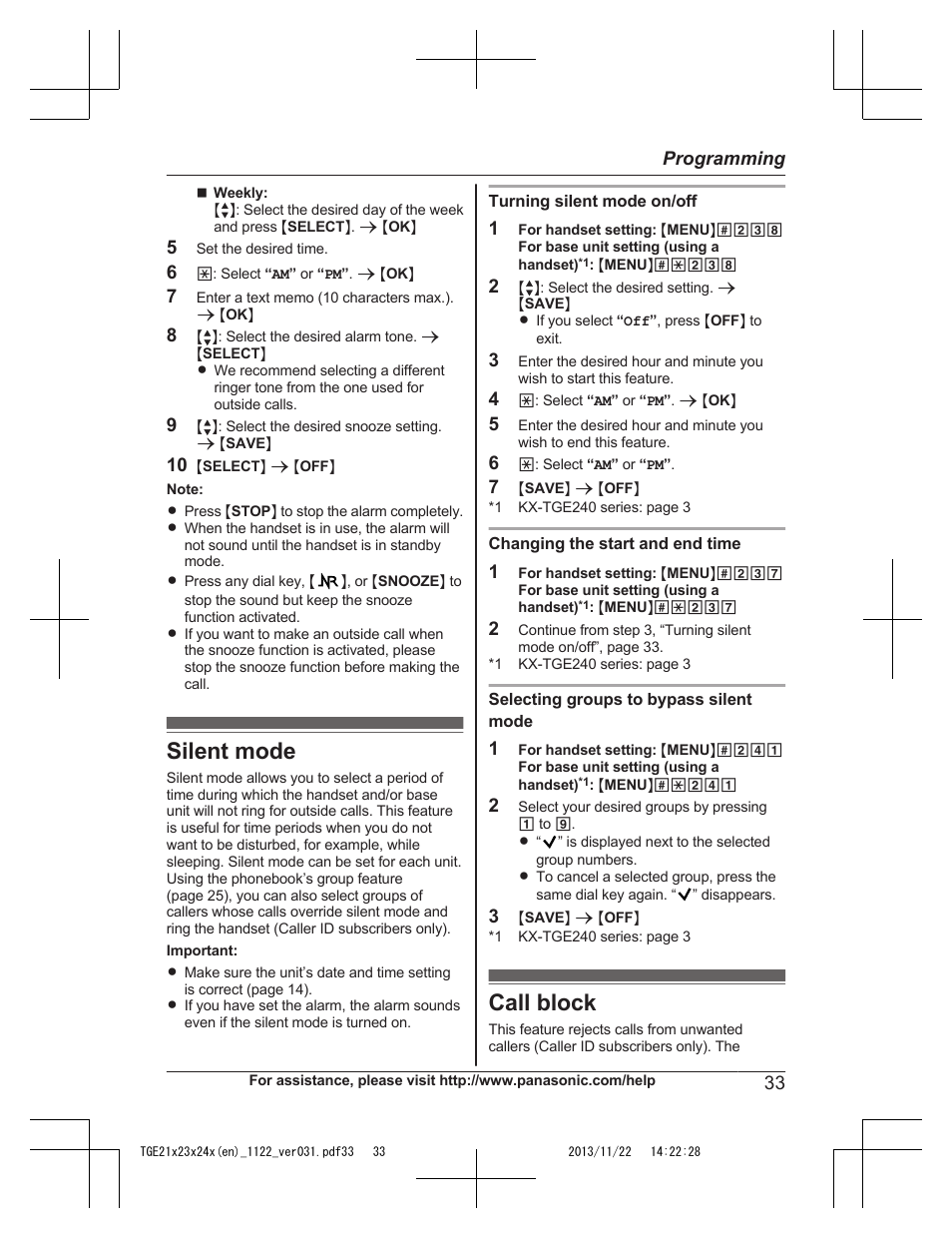 Silent mode, Call block, Silent mode call block | Panasonic KXTGE240 User Manual | Page 33 / 68