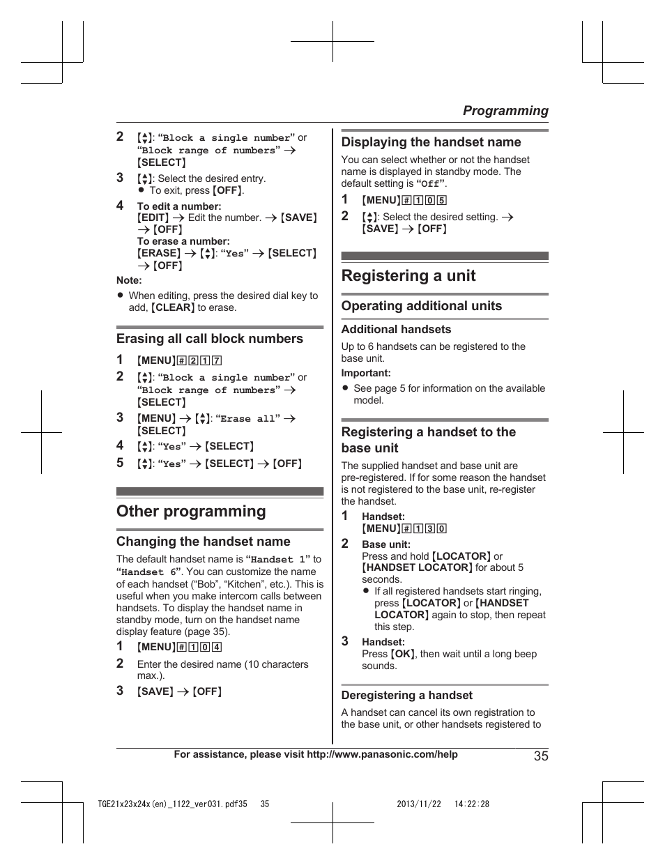 Other programming, Registering a unit, Other programming registering a unit | Panasonic KXTGE240 User Manual | Page 35 / 68