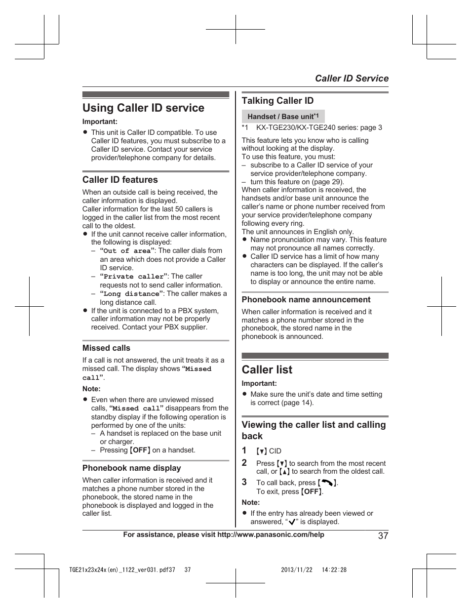 Caller id service, Using caller id service, Caller list | Using caller id service caller list | Panasonic KXTGE240 User Manual | Page 37 / 68