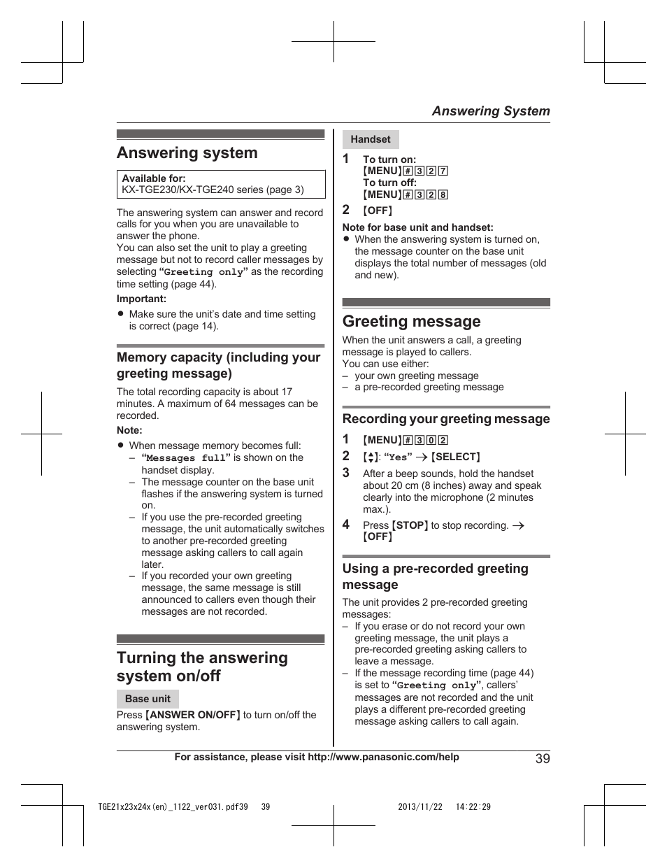 Answering system, Turning the answering system on/off, Greeting message | Panasonic KXTGE240 User Manual | Page 39 / 68