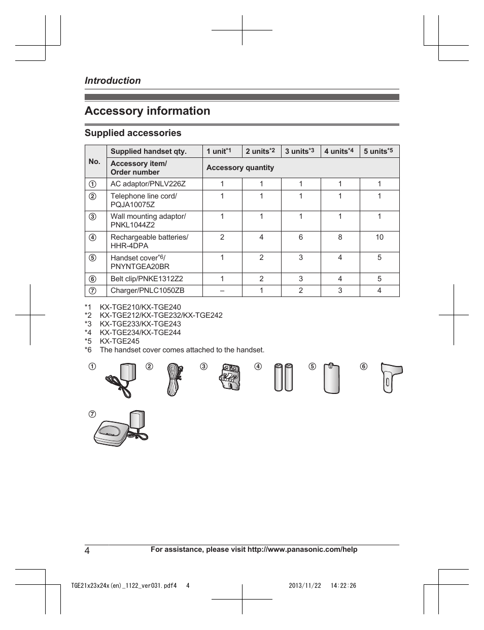 Accessory information, Supplied accessories, Introduction | Panasonic KXTGE240 User Manual | Page 4 / 68