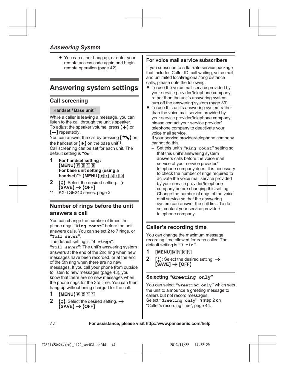Answering system settings | Panasonic KXTGE240 User Manual | Page 44 / 68