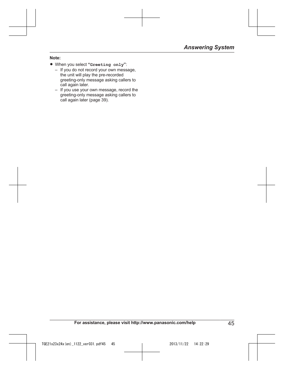 45 answering system | Panasonic KXTGE240 User Manual | Page 45 / 68