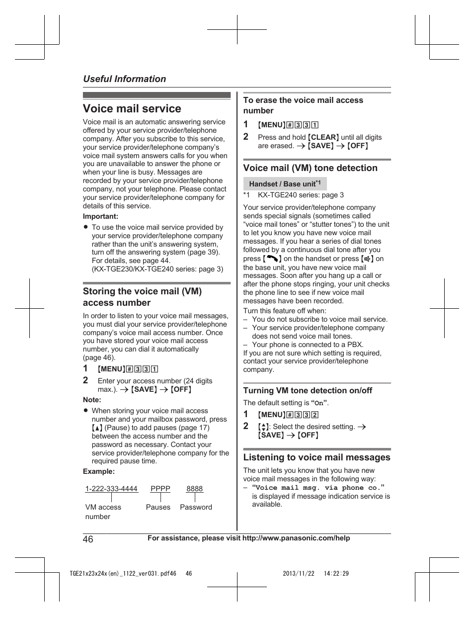 Useful information, Voice mail service | Panasonic KXTGE240 User Manual | Page 46 / 68
