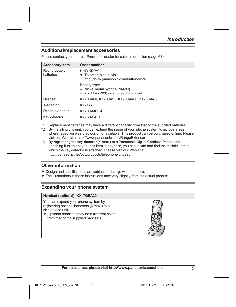 Additional/replacement accessories, Other information, Expanding your phone system | 5introduction | Panasonic KXTGE240 User Manual | Page 5 / 68