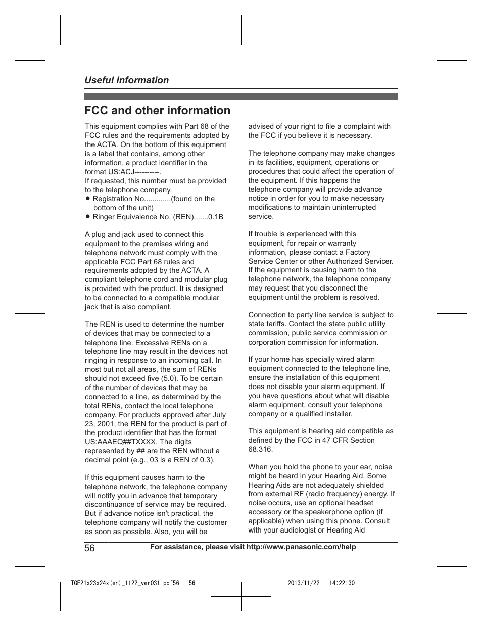 Fcc and other information | Panasonic KXTGE240 User Manual | Page 56 / 68
