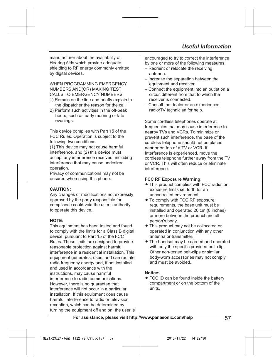 57 useful information | Panasonic KXTGE240 User Manual | Page 57 / 68