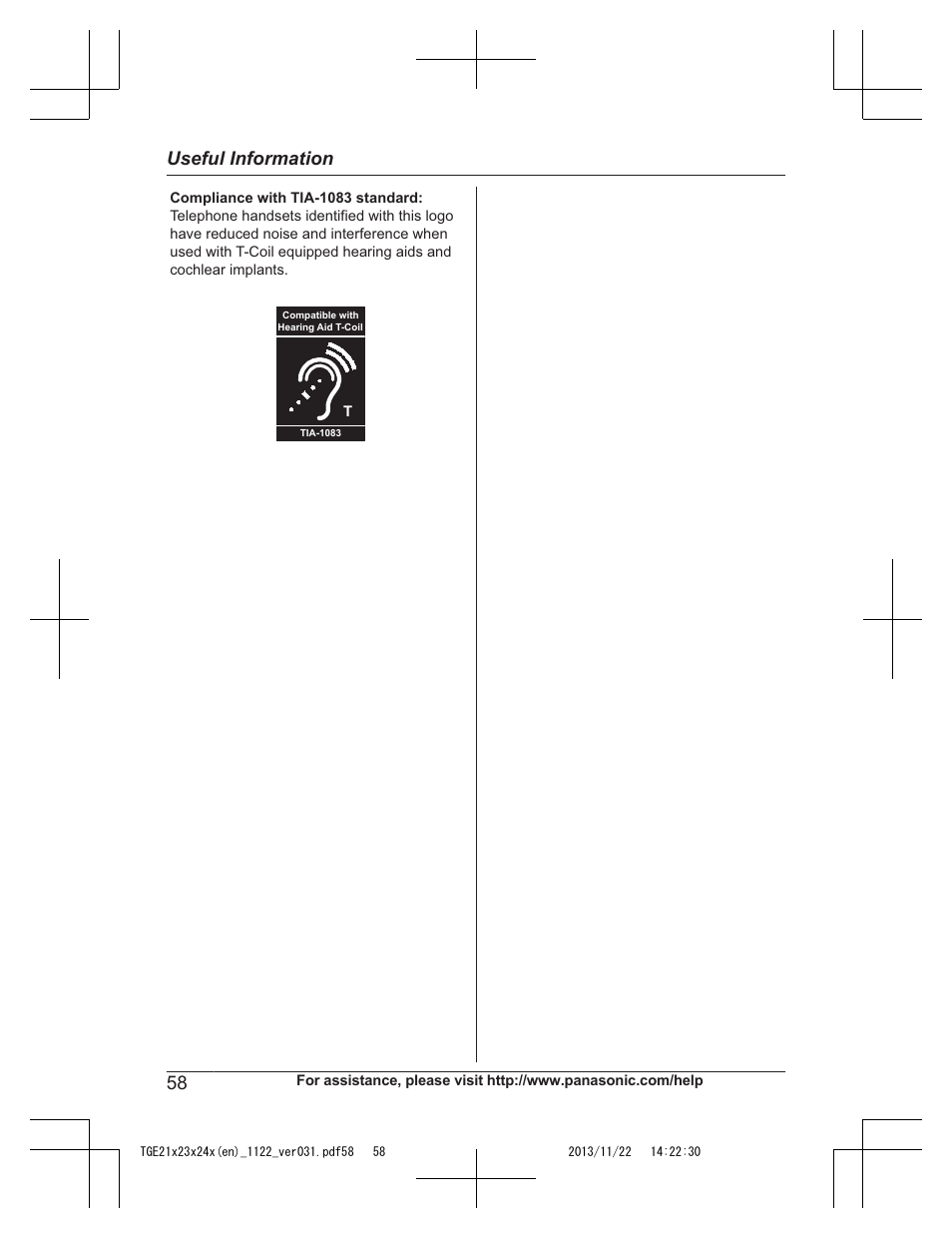 Useful information | Panasonic KXTGE240 User Manual | Page 58 / 68