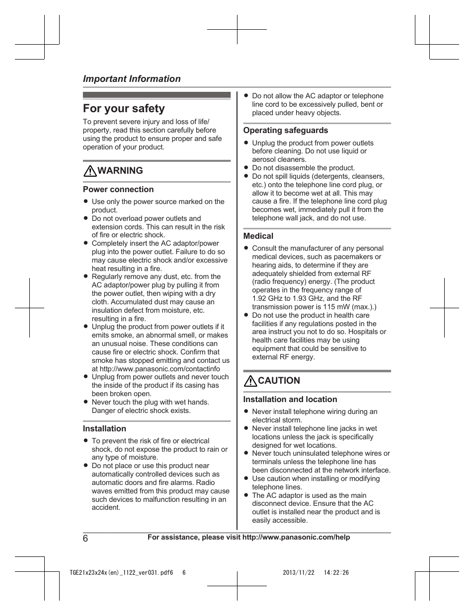 Important information, For your safety | Panasonic KXTGE240 User Manual | Page 6 / 68