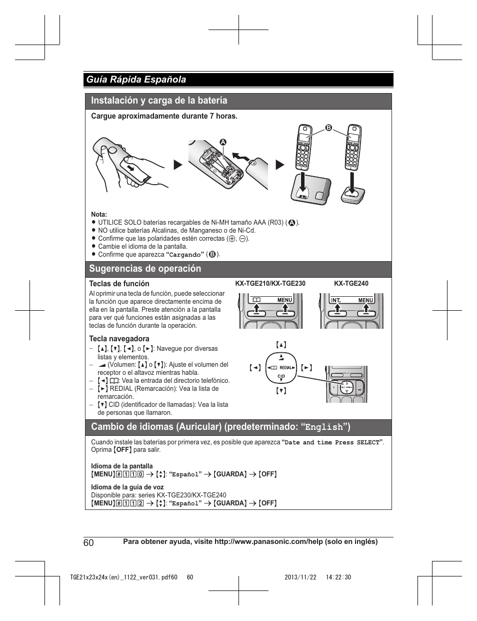 Instalación y carga de la batería, Sugerencias de operación, Guía rápida española | Panasonic KXTGE240 User Manual | Page 60 / 68