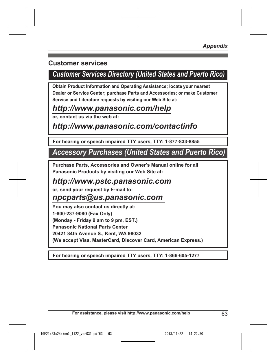 Appendix, Customer services | Panasonic KXTGE240 User Manual | Page 63 / 68
