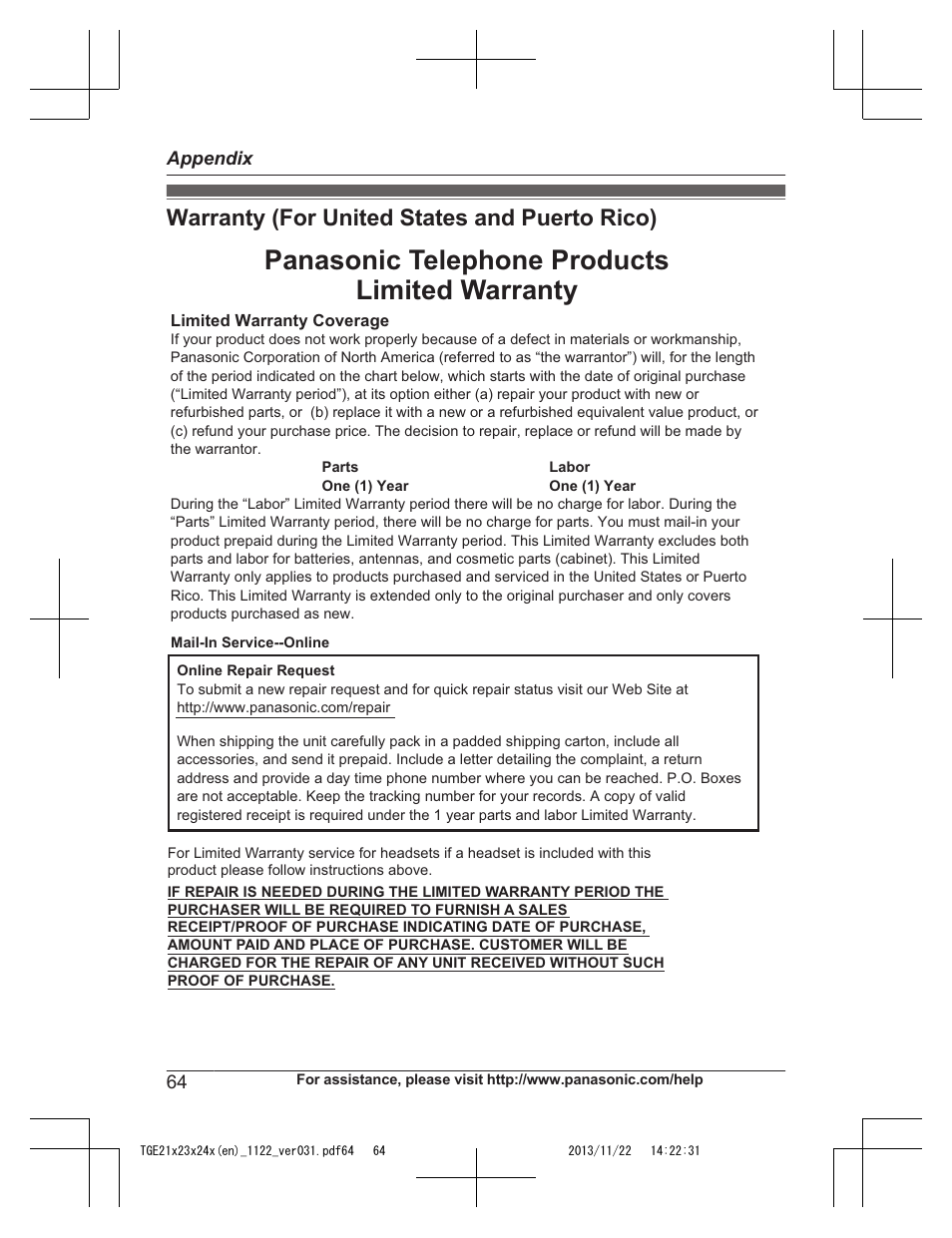 Warranty (for united states and puerto rico), Panasonic telephone products limited warranty | Panasonic KXTGE240 User Manual | Page 64 / 68
