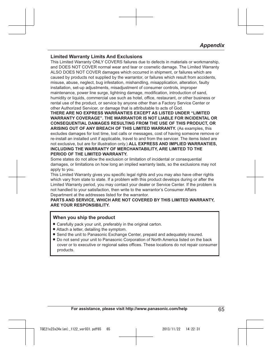 65 appendix | Panasonic KXTGE240 User Manual | Page 65 / 68