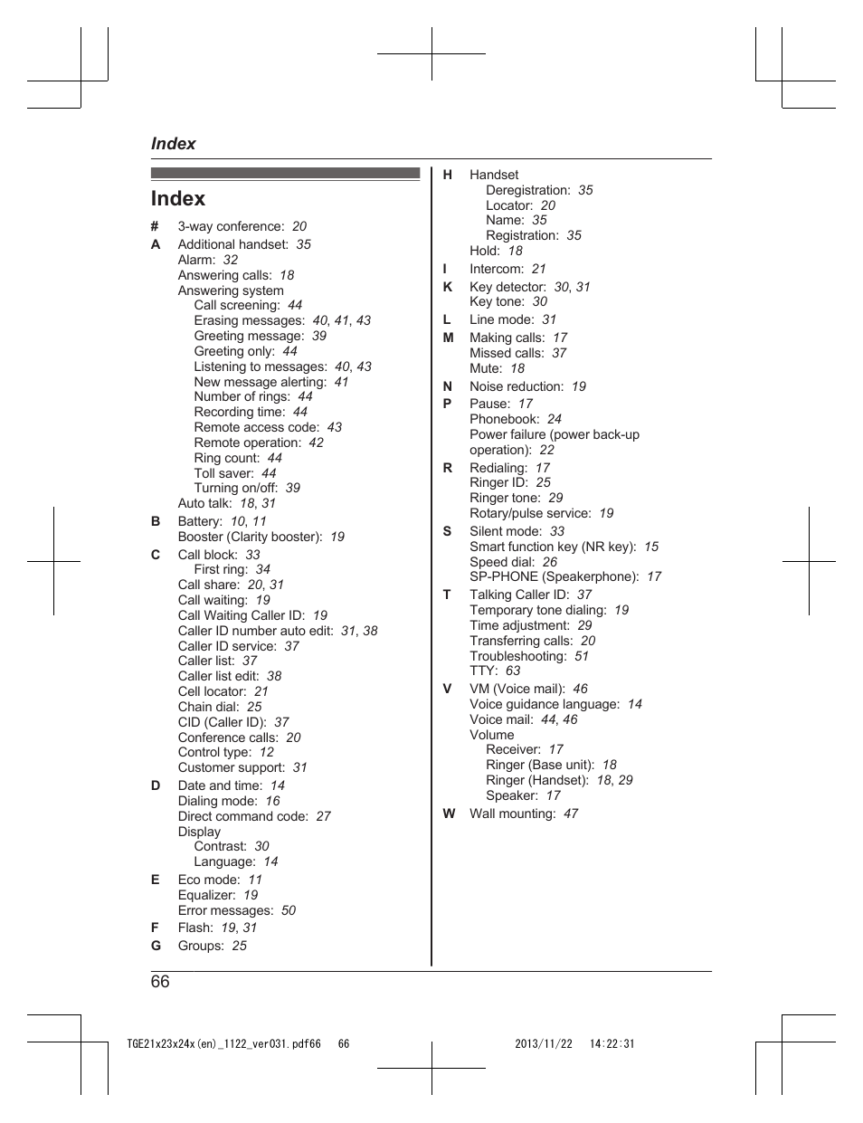 Index, 66 index | Panasonic KXTGE240 User Manual | Page 66 / 68