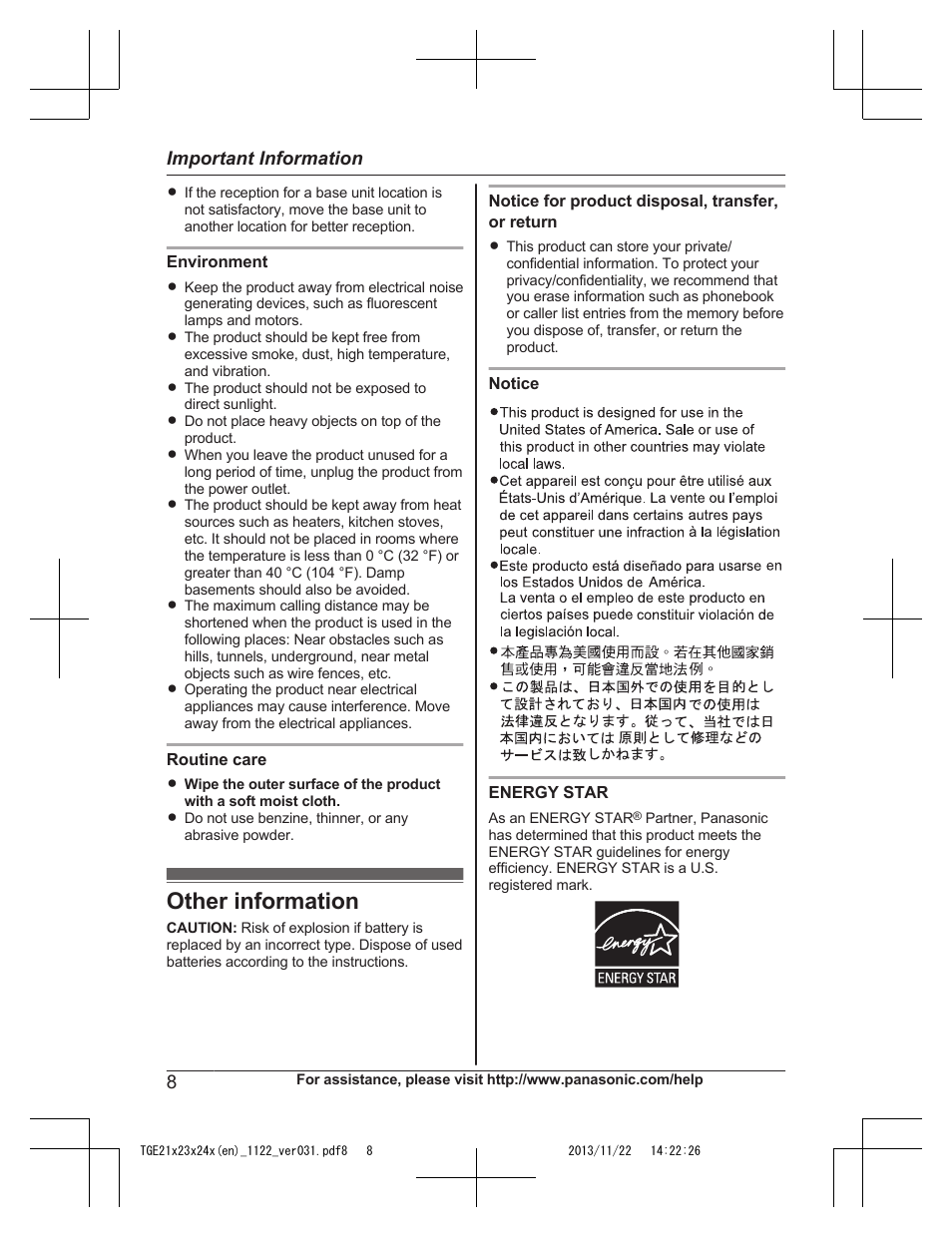 Other information, Important information | Panasonic KXTGE240 User Manual | Page 8 / 68