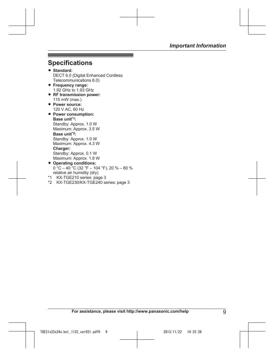 Specifications, 9important information | Panasonic KXTGE240 User Manual | Page 9 / 68
