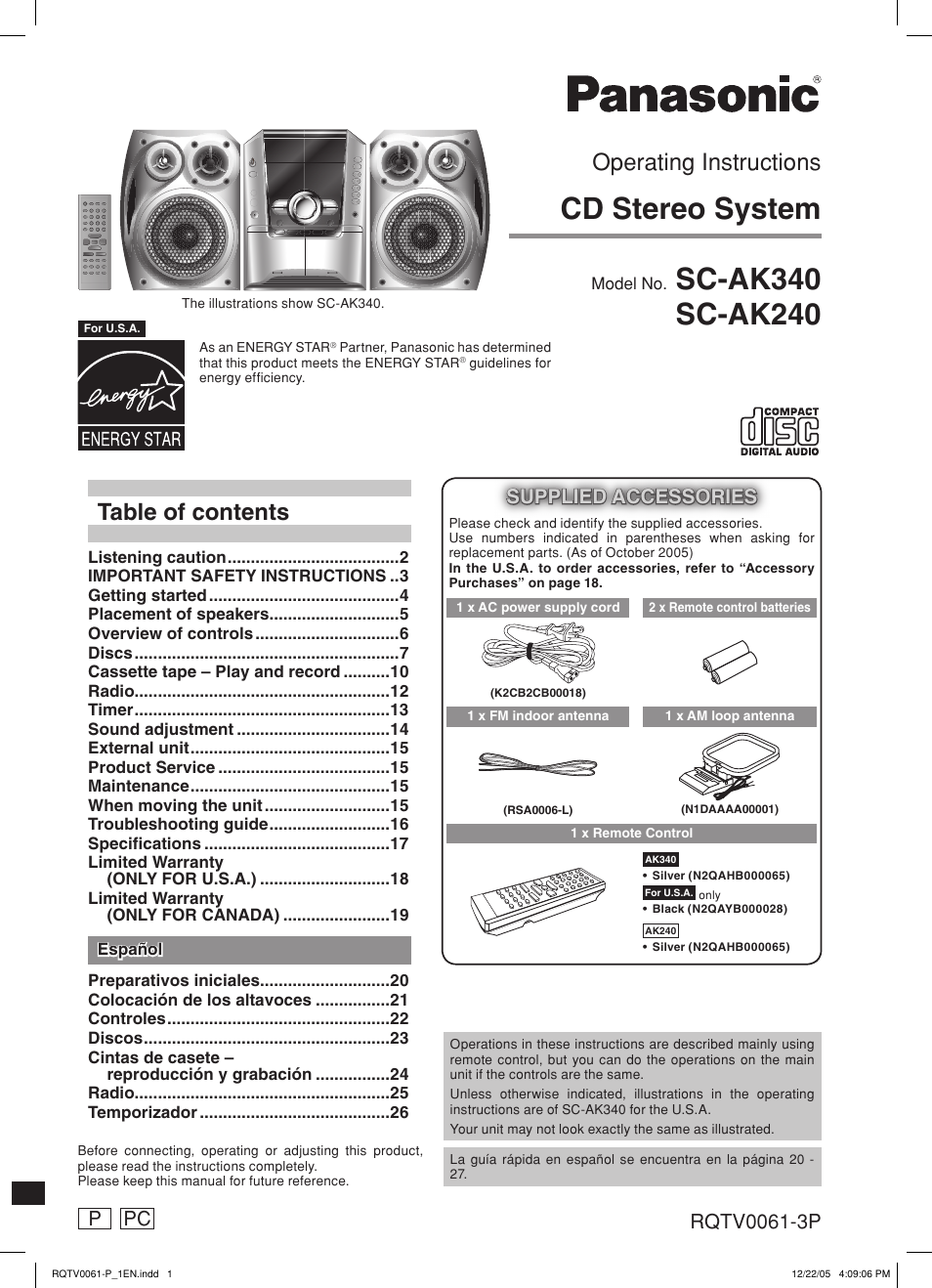 Panasonic SCAK240 User Manual | 28 pages