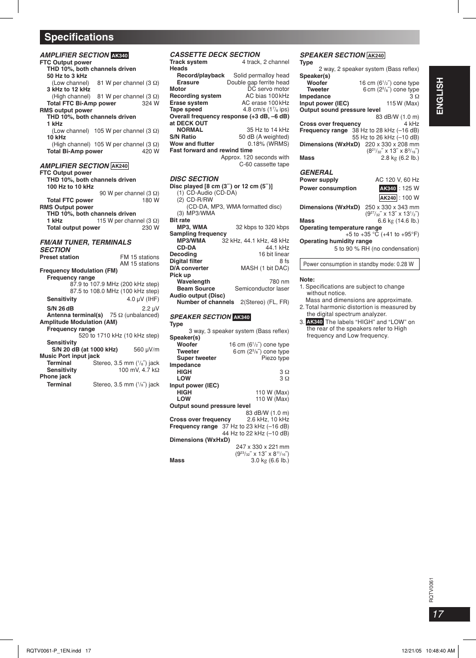 Specifi cations, Lang - 5 lang - 4 français dansk english | Panasonic SCAK240 User Manual | Page 17 / 28