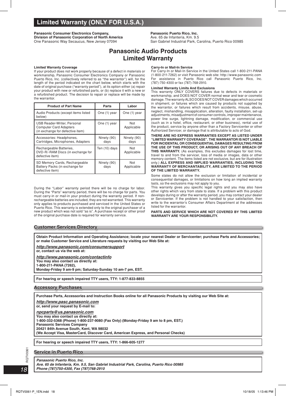 Limited warranty (only for u.s.a.), Panasonic audio products limited warranty, Lang - 5 lang - 4 français dansk english | Panasonic SCAK240 User Manual | Page 18 / 28