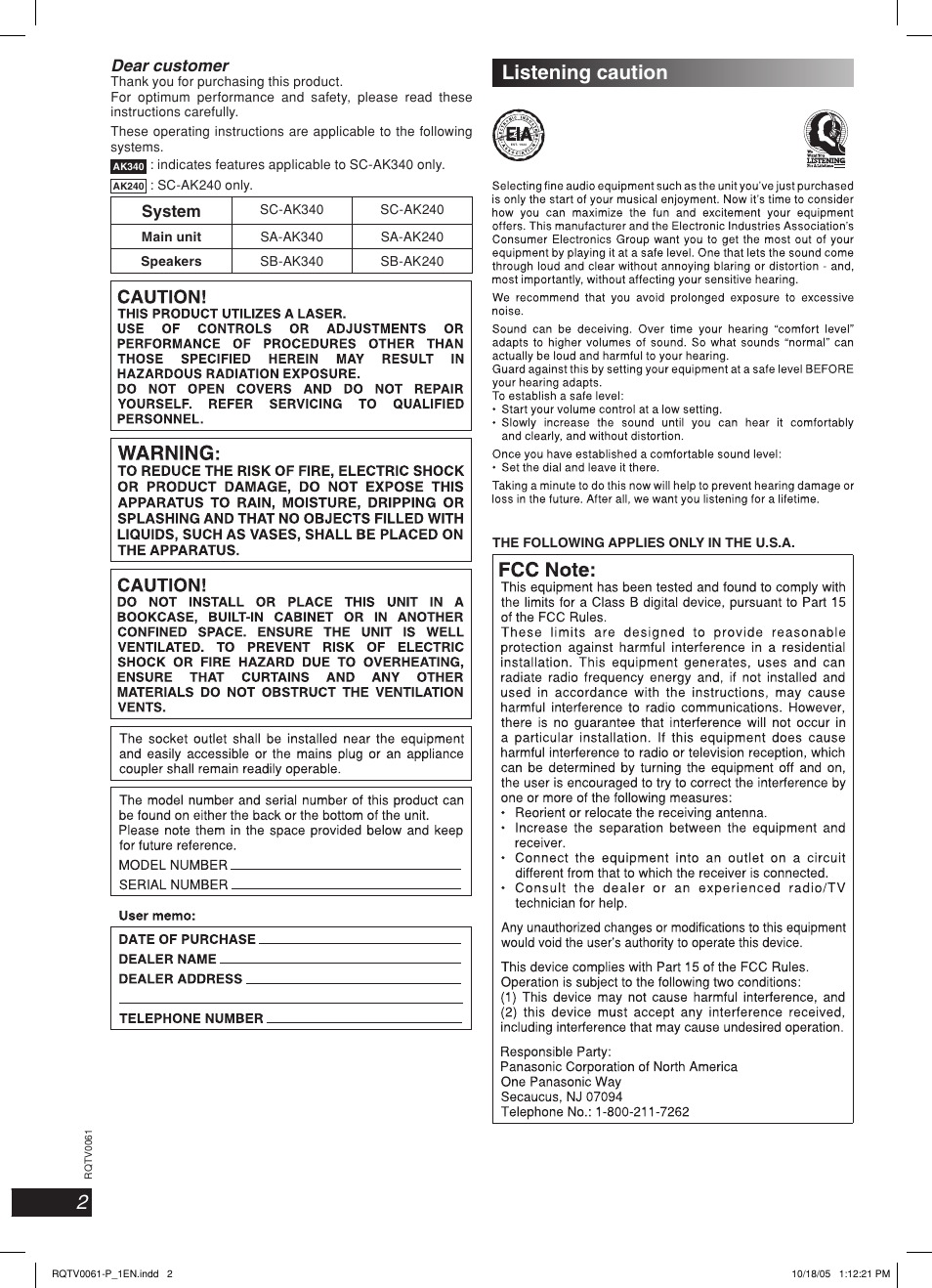 Listening caution, System | Panasonic SCAK240 User Manual | Page 2 / 28