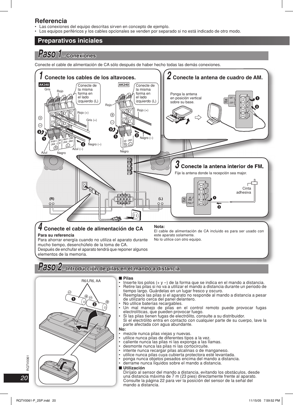 Paso paso 11, Ppaso aso 2 2, Preparativos iniciales | Referencia | Panasonic SCAK240 User Manual | Page 20 / 28