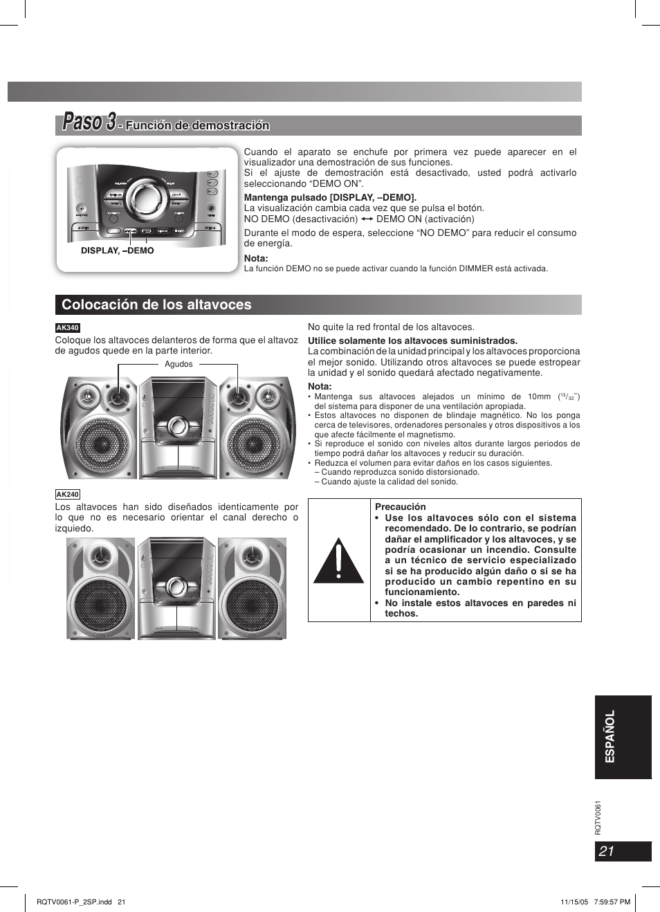 Paso paso 3 3, Colocación de los altavoces | Panasonic SCAK240 User Manual | Page 21 / 28