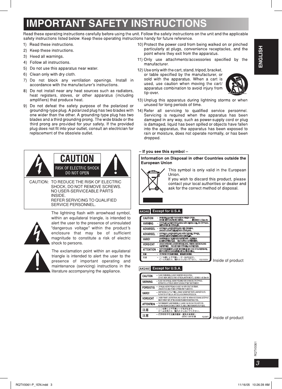 Important safety instructions, Lang - 5 lang - 4 français dansk english | Panasonic SCAK240 User Manual | Page 3 / 28