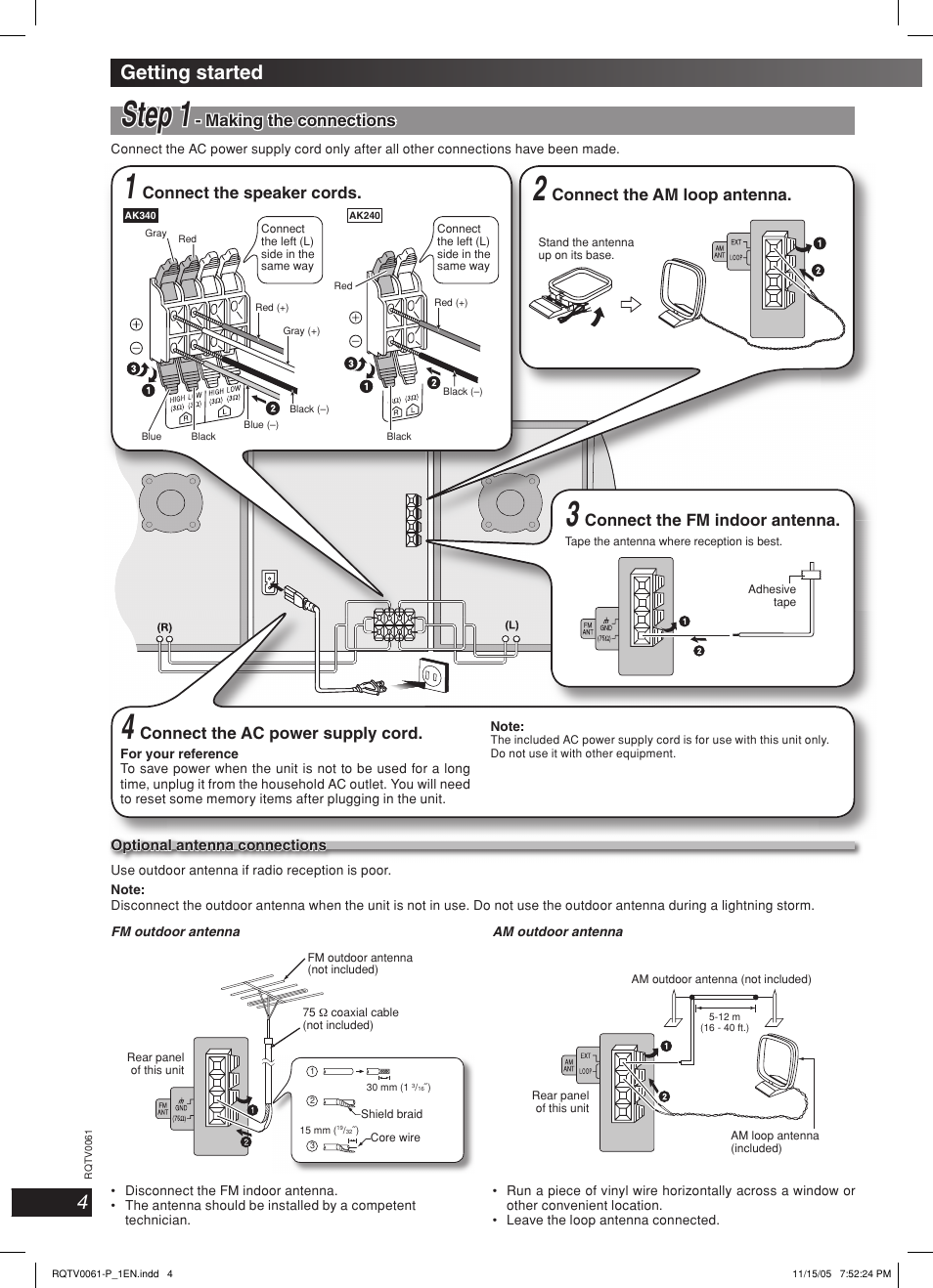 Step 1, Getting started, Lang - 5 lang - 4 français dansk english | Connect the ac power supply cord, Making the connections, Connect the am loop antenna, Connect the fm indoor antenna, Connect the speaker cords | Panasonic SCAK240 User Manual | Page 4 / 28