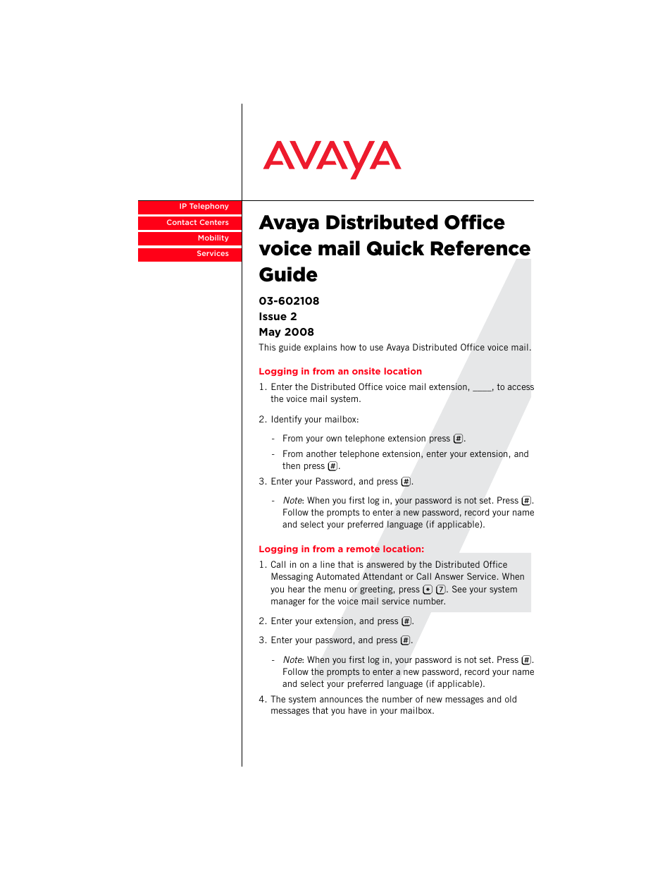 Avaya Distributed Office Voice Mail User Manual | 8 pages