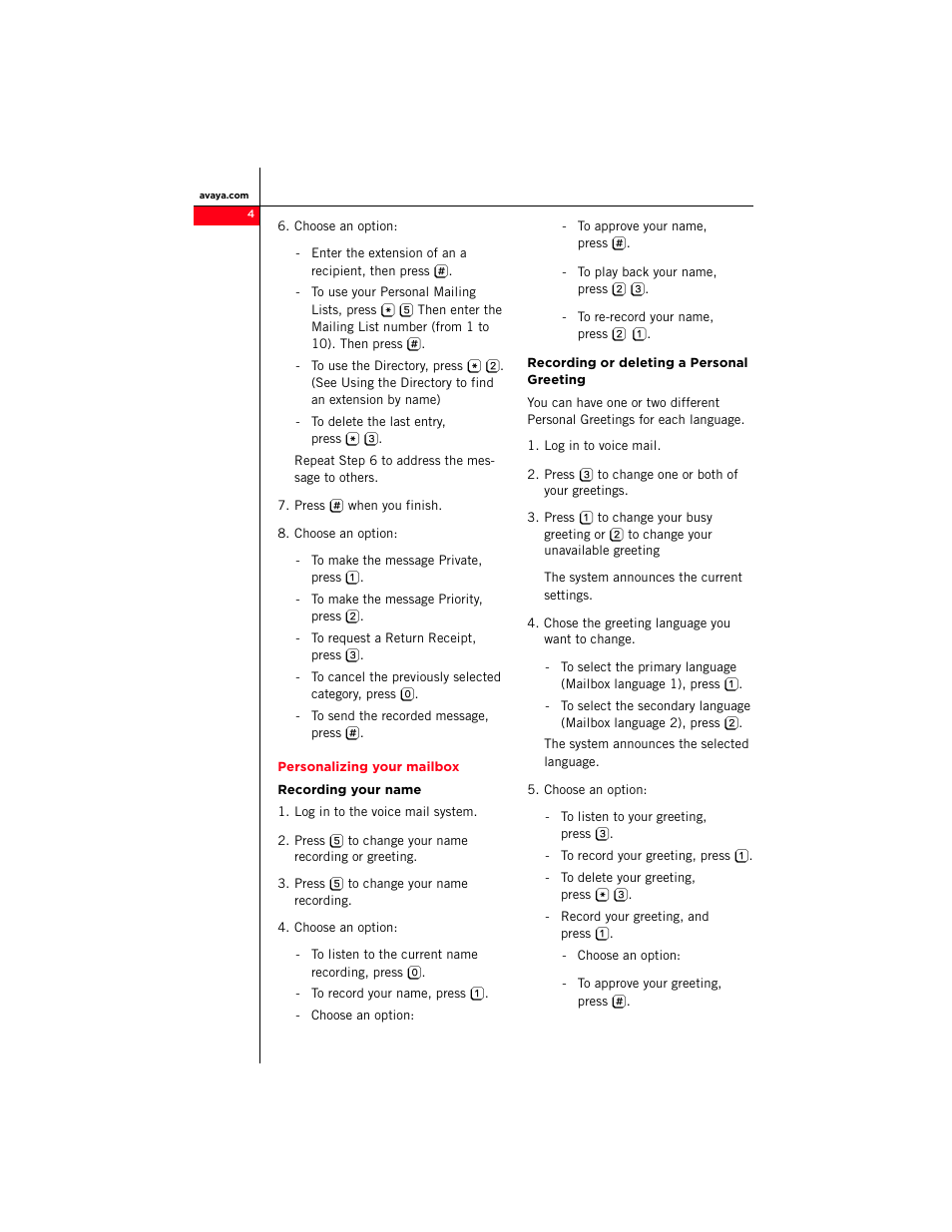 Personalizing your mailbox, Recording your name, Recording or deleting a personal greeting | Avaya Distributed Office Voice Mail User Manual | Page 4 / 8