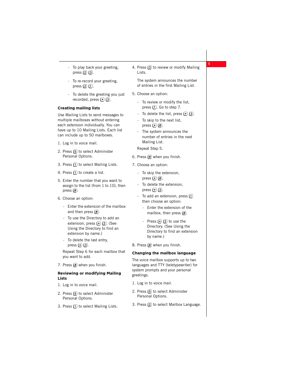 Creating mailing lists, Reviewing or modifying mailing lists, Changing the mailbox language | Avaya Distributed Office Voice Mail User Manual | Page 5 / 8